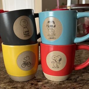 Hallmark Peanuts collab Blue, red, black, yellow w/ Cream Mugs